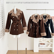 批发画解WAHJU【古着秀场】千金氛围感系带收腰双排扣毛呢外套0038W