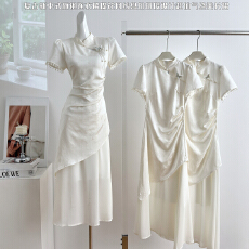 批发复古新中式旗袍<b class='q'>连衣裙</b>女夏季<b class='q'>提花</b>网纱盘扣拼接设计超仙气绝美长裙