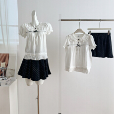 批发海盐少女 甜美风娃娃领泡泡袖衬衫上衣波点短裙套装
