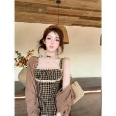 批发瑞茜·威瑟斯 焦糖秋日 早秋纯欲风原创设计吊带短裙开衫R66990-1H