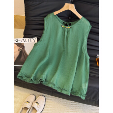批发韩系木耳边巨好看的无袖上衣女夏季薄款高端苎麻外穿马甲背心小衫