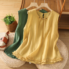 批发韩系木耳边巨好看的无袖上衣女夏季薄款高端苎麻外穿马甲背心小衫