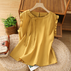 批发韩系独特蝴蝶结木耳边无袖A字小衫女夏天丝亚麻外穿马甲背心上衣