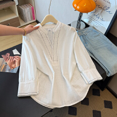 批发老钱风v领白色亚麻衬衫女春秋2026新款<b class='q'>设计</b>感慵懒松弛感显瘦上衣