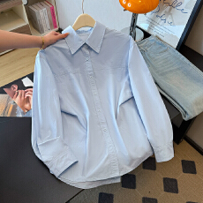 批发韩版Polo领蓝色衬衫女春夏叠穿外搭<b class='q'>设计</b>感纯棉衬衣法式外套防晒衫