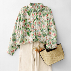 批发春季新品2026文艺<b class='q'>印花</b>POLO领<b class='q'>衬衫</b>女长袖宽松大码苎麻通勤百搭上衣