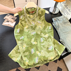 批发高级感夏季年轻版香云纱奥黛绿色中长新中式无袖旗袍背心马甲上衣