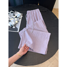 批发温柔风紫色显白<b class='q'>亚麻</b><b class='q'>阔腿裤</b>女夏季新款超好看休闲直筒长<b class='q'>裤</b>