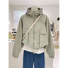 批发外套女美式休闲2025秋装新款上衣纯色连帽棒球服短款宽松夹克<b class='q'>开衫</b>