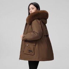 批发大毛领派克服女加厚棉服中长款连帽保暖棉衣外套女