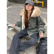 批发大毛领连帽棉服外套<b class='q'>女</b>春秋新款大码胖mm高级感加绒加厚派克服上衣