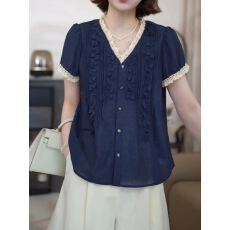 批发大码2026夏季新款时尚百搭镂空轻薄透气花边V领短袖T恤超好看上衣