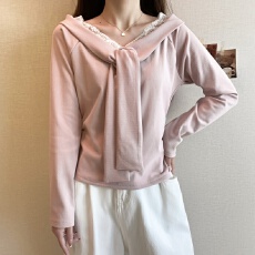 批发实拍大码长袖加厚保暖蕾丝袖口V领T恤百搭减龄通勤遮肉显瘦打底衫