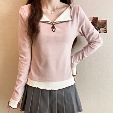 批发实拍大码长袖加厚保暖假两件绑带T恤女装时尚显瘦百搭减龄打底衫