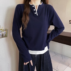 实拍大码长袖V领假两件加厚保暖收腰T恤减龄遮肉高级设计感打底衫