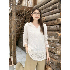 批发实拍2026春装码<b class='q'>中长款</b>女士气质蕾丝衫镂空钩花高级感连帽上衣女