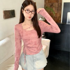 批发实拍2026春装新款大码显瘦修身不规则设计感抽绳百搭气质T恤上衣