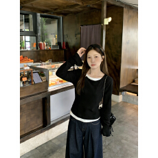 批发实拍2026春季大码长袖假两件T恤加厚保暖显瘦百搭减龄别致打底衫