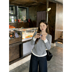 批发实拍2026春装大码长袖加厚保暖假两件圆领收腰T恤百搭小众打底衫