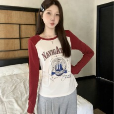 批发实拍2026春装大码美式复古撞色插肩袖女套头圆领宽松长袖卫衣