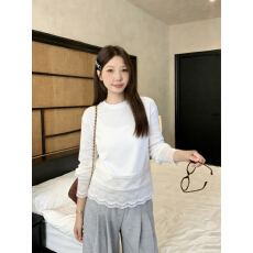批发实拍2026春装大码蕾丝拼接纯棉白色打底衫女长袖t恤宽松休闲上衣