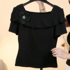 批发大码女装2026夏韩版时尚显瘦荷叶边上衣方领立体<b class='q'>花朵</b>短袖<b class='q'>T</b><b class='q'>恤</b>