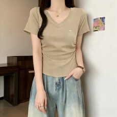 批发实拍210克精棉大码女装2026夏装新款百搭显瘦V领收腰短袖T恤<b class='q'>上衣</b>