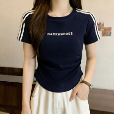 批发实拍210克精棉实拍2026夏季大码<b class='q'>女装</b>韩版修身插肩杠条短袖T恤上衣