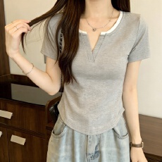 批发实拍210克精棉2026夏新款胖mm显瘦假两件拼接短袖T恤上衣大码<b class='q'>女装</b>