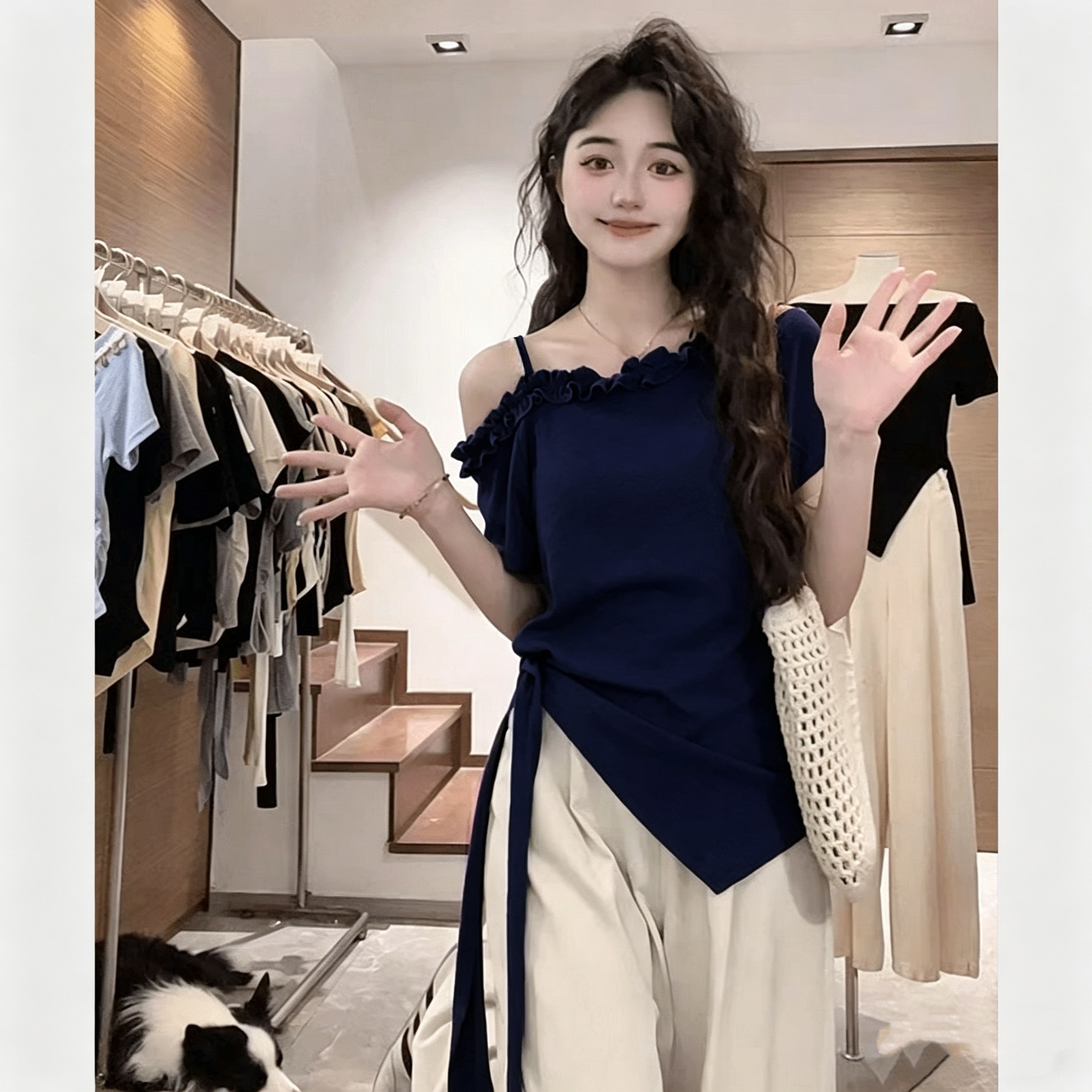 실사 210 그램 좋은 면 2026 빅 사이즈 여성 의류 한국 스타일 여름 루즈핏 종류 비스듬한 어깨 반팔 스트랩 디자인 티셔츠