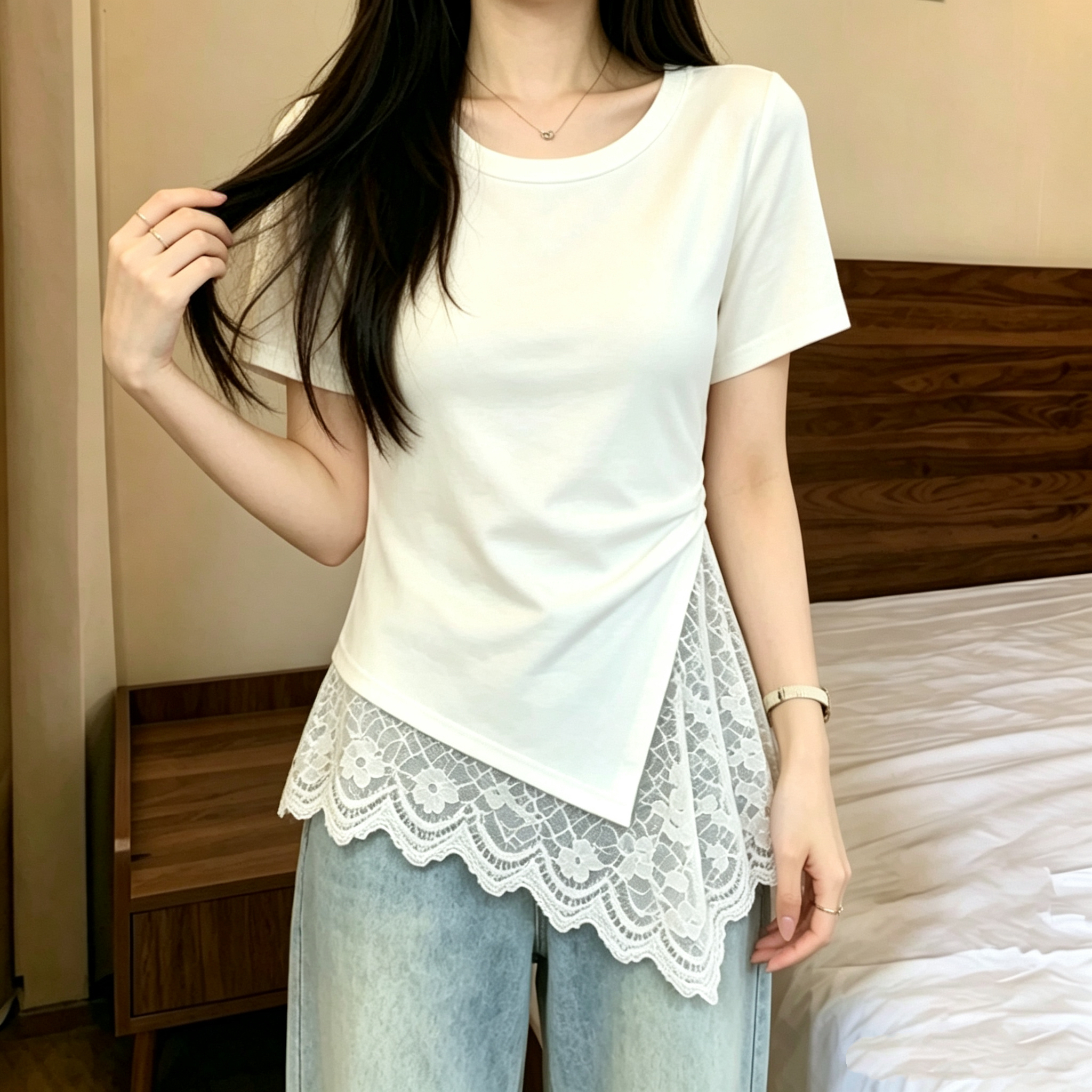 실사 210 그램 좋은 면 2026 여름 불규칙 밑단 레이스 조각 반팔 티셔츠 여성 아름다운 아름다운 맨위
