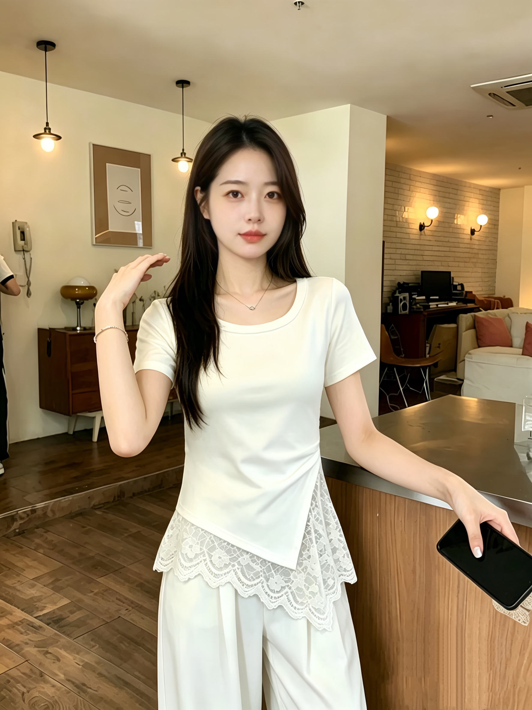 실사 210 그램 좋은 면 2026 여름 불규칙 밑단 레이스 조각 반팔 티셔츠 여성 아름다운 아름다운 맨위