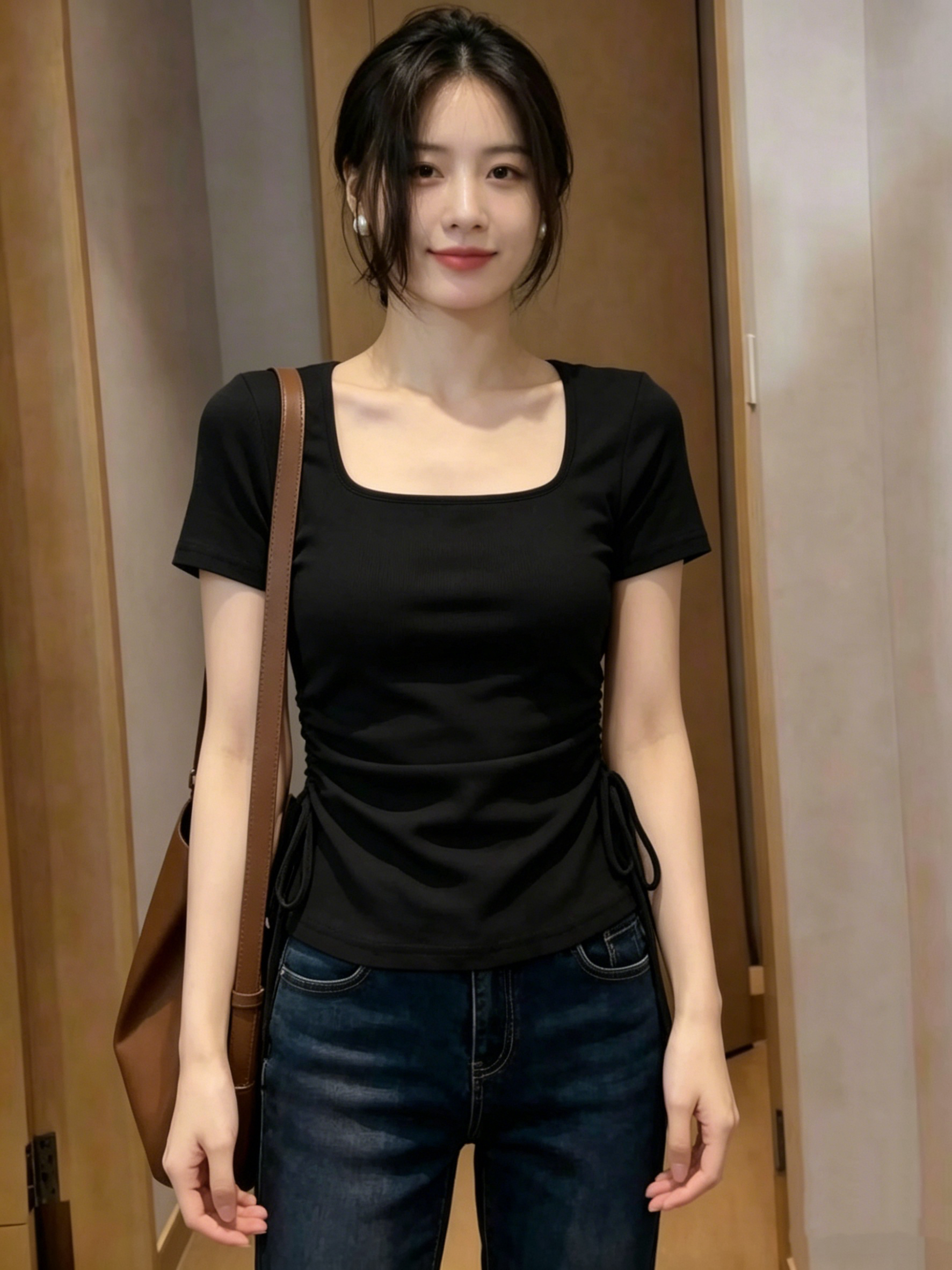 210 그램 좋은 면 빅 사이즈 여성 의류 광장 칼라 펌프 로프 허리 수축 티셔츠 패션 고급 디자인 센스 작은 대중 출퇴근 기본 셔츠