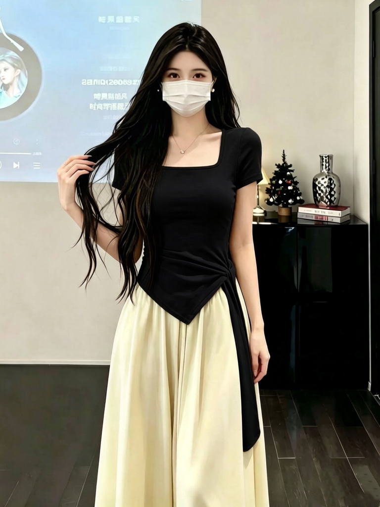 210 그램 좋은 면 2026 여름 드레스 새로운 광장 칼라 불규칙 밑단 티셔츠 패션 다용도 고급 디자인 센스 여성 의류