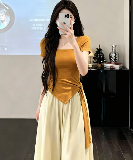 210 그램 좋은 면 2026 여름 드레스 새로운 광장 칼라 불규칙 밑단 티셔츠 패션 다용도 고급 디자인 센스 여성 의류