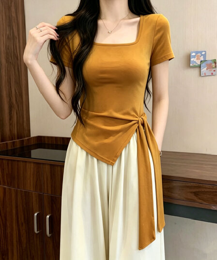 실사 210g 좋은 면 2026 여름 드레스 새로운 광장 칼라 불규칙 밑단 티셔츠 패션 다용도 디자인 센스 여성 의류