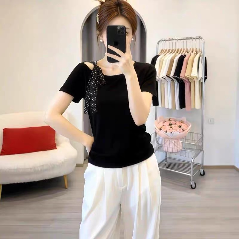 210 그램 좋은 면 2026 여름 한 부서 도트 무늬 비스듬한 어깨 반팔 티셔츠 여성 작은 키 Chic 오프숄더 긍정적 인 어깨 의류