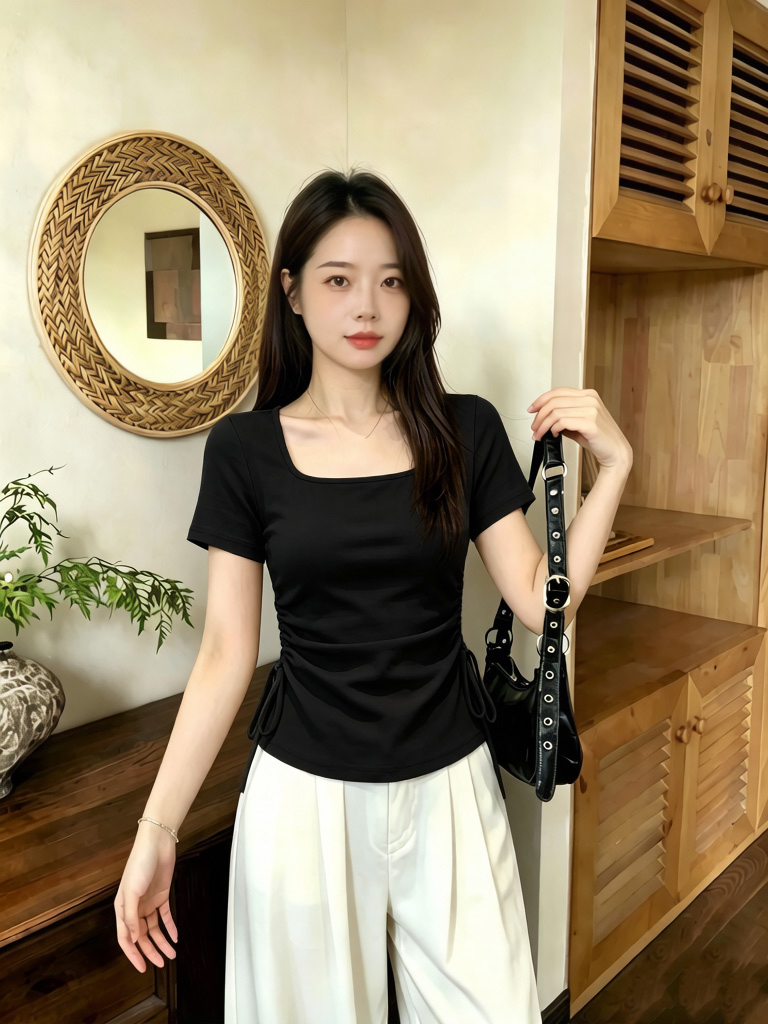 실사 210 그램 좋은 면 빅 사이즈 광장 칼라 펌프 로프 허리 수축 티셔츠 다용도 고급 디자인 센스 작은 대중 출퇴근 기본 셔츠