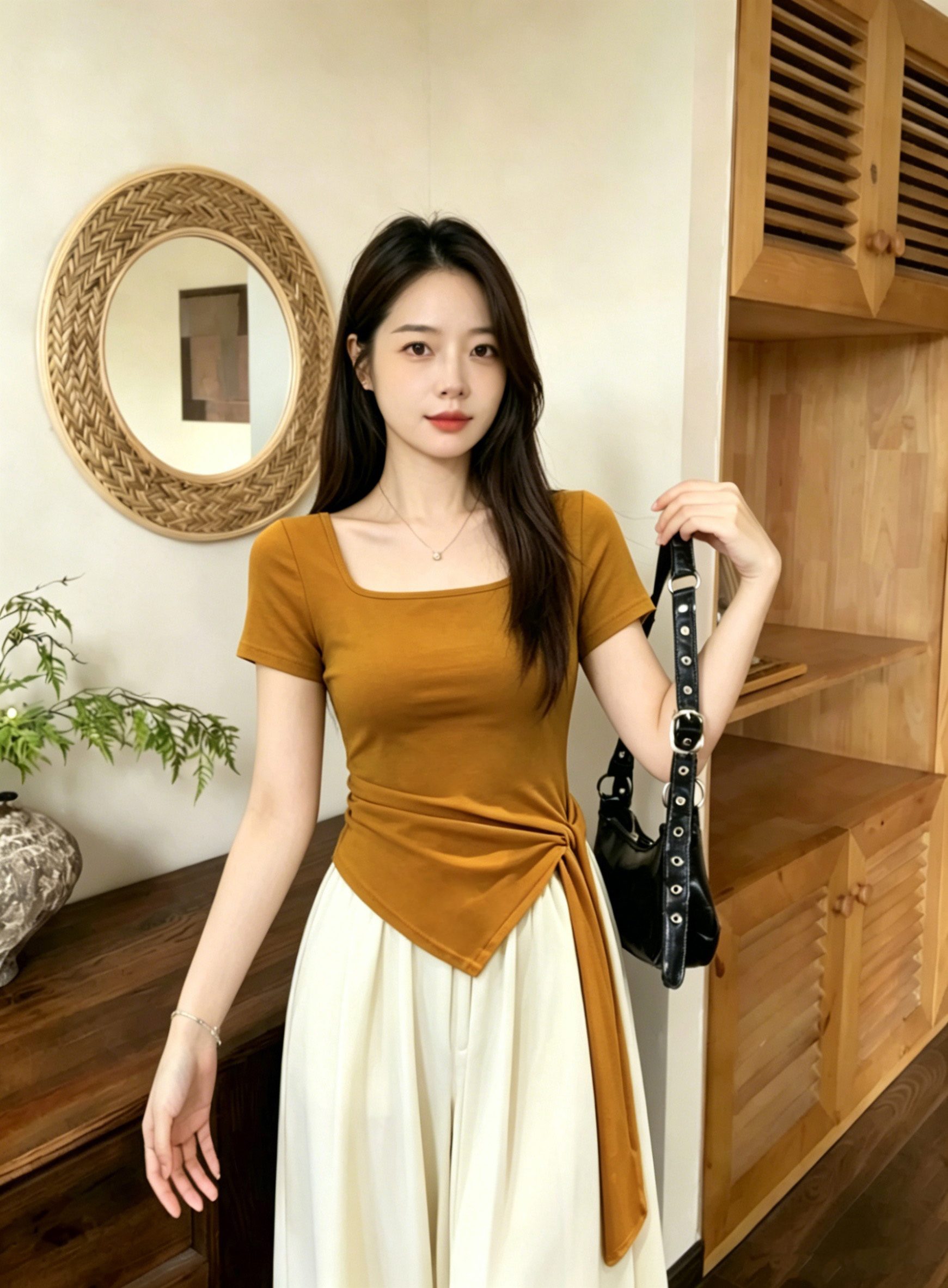 실사 2026 여름 드레스 새로운 광장 칼라 불규칙 밑단 티셔츠 패션 슬림해 보이는 다용도 고급 디자인 센스 여성 의류