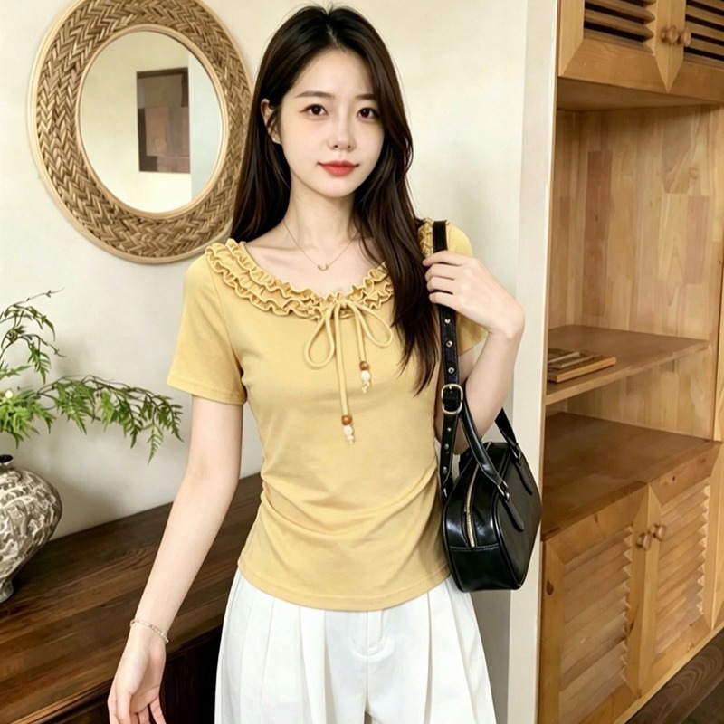 실사 210 그램 좋은 면 빅 사이즈 여름 드레스 새로운 2026 프릴 칼라 티셔츠 패션 연령 감소 출퇴근 Chic 고급 센스