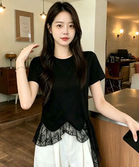 실사 210 좋은 면 빅 사이즈 여름 드레스 2026 라운드 넥 페이크 레이어드 레이스 티셔츠 연령 감소 표지 고기 출퇴근 기본 셔츠 여성