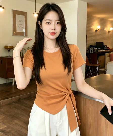 실사 210 그램 좋은 면 빅 사이즈 라운드 넥 허리 수축 한 부서 티셔츠 패션 슬림해 보이는 다용도 고급 디자인 센스 기본 셔츠