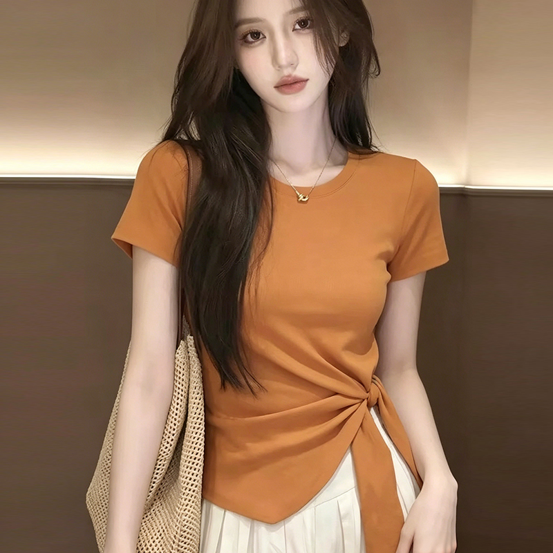 실사 210 그램 좋은 면 빅 사이즈 라운드 넥 허리 수축 한 부서 티셔츠 패션 슬림해 보이는 다용도 고급 디자인 센스 기본 셔츠