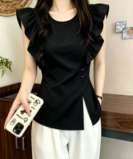 실사 빅 사이즈 Feifei 소매 패치워크 프릴 단추 국풍 새로운 중식 셔츠 여름 지방 mm 표지 배 숨기기 고기 반팔