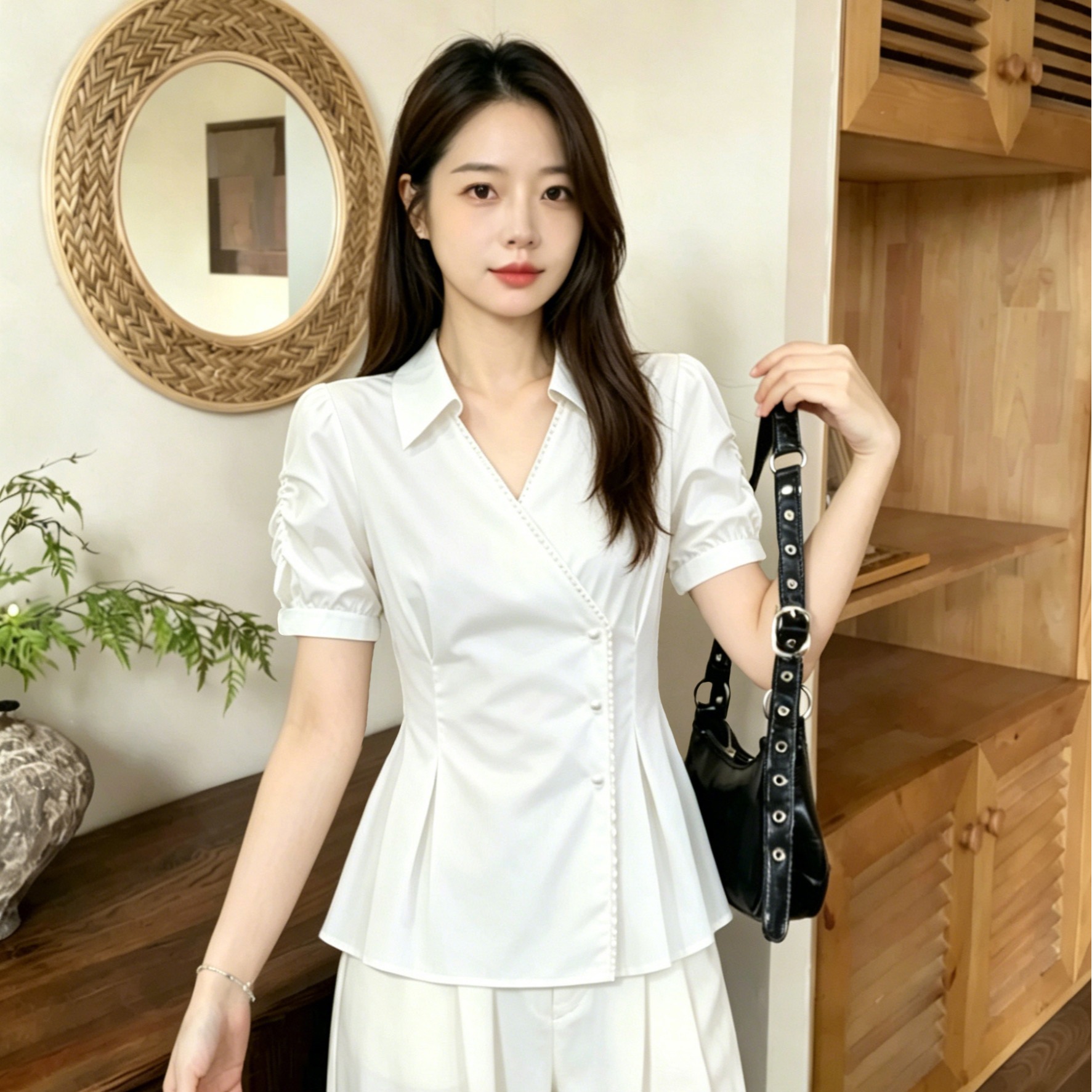 실사 빅 사이즈 고급 센스 V넥 거품 소매 여성 셔츠 여름 마이크로 지방 mm 프랑스식 품격 허리 수축 치마 맨위