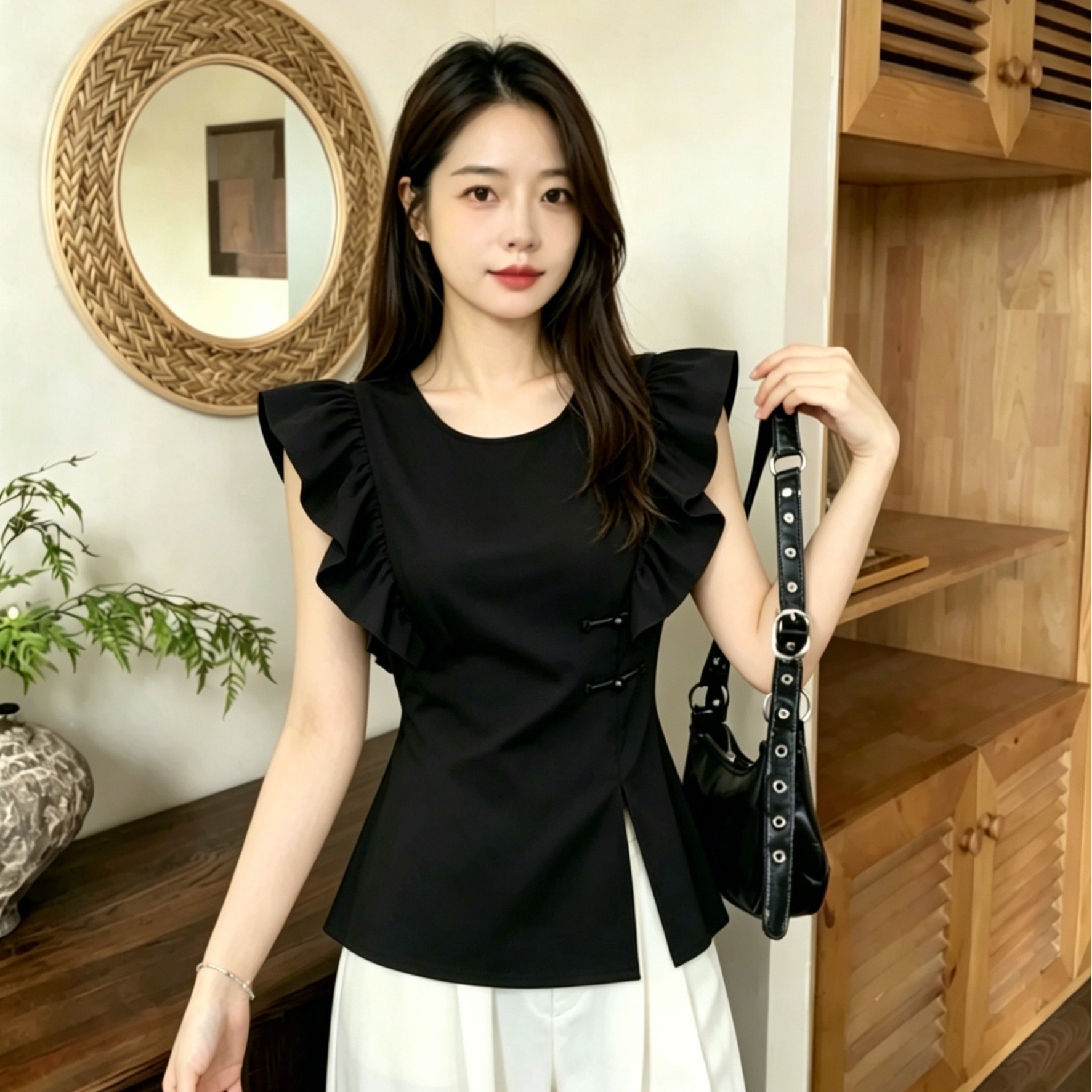 실사 빅 사이즈 Feifei 소매 패치워크 프릴 단추 국풍 새로운 중식 셔츠 여름 지방 mm 표지 배 숨기기 고기 반팔