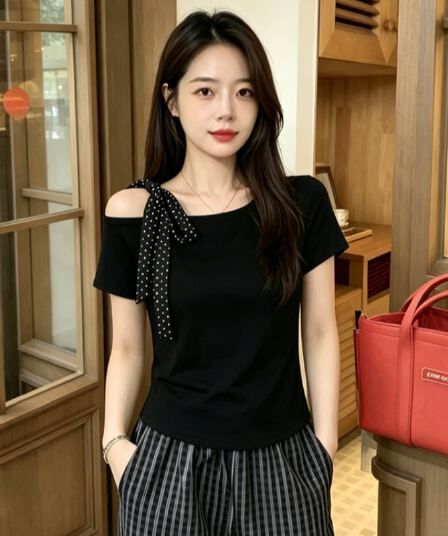 실사 210 좋은 면 2026 여름 한 부서 도트 무늬 비스듬한 어깨 반팔 티셔츠 작은 키 Chic 오프숄더 긍정적 인 어깨 의류