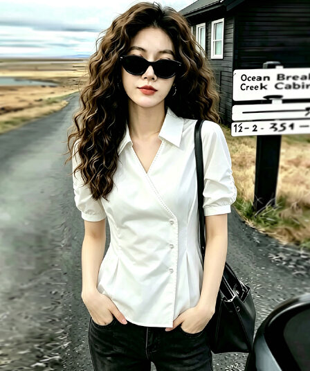 실사 빅 사이즈 고급 센스 V넥 거품 소매 여성 셔츠 여름 마이크로 지방 mm 프랑스식 품격 허리 수축 치마 맨위