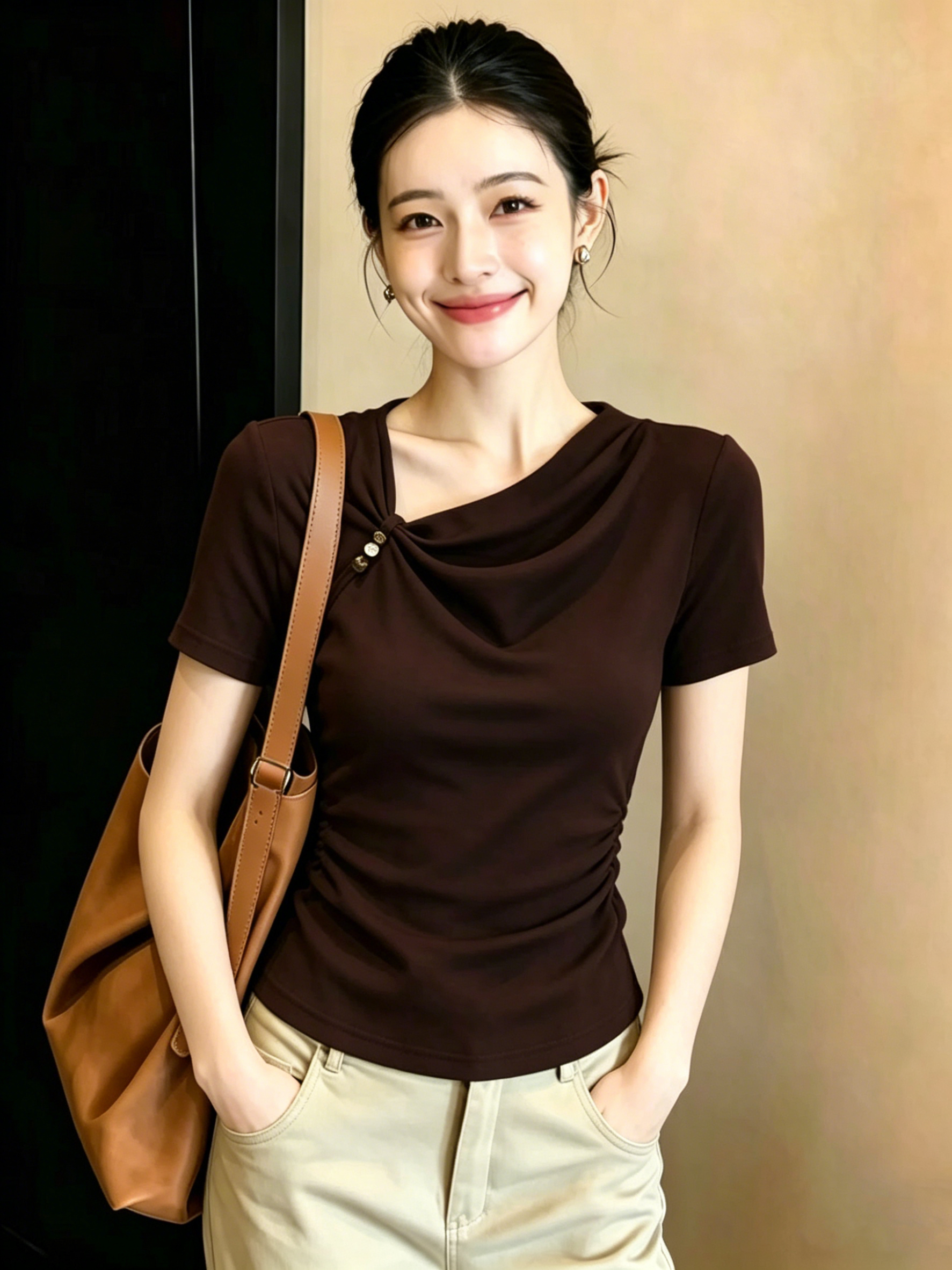 실사 210 그램 좋은 면 한 부서 디자인 센스 연령 감소 섹시함 반팔 티셔츠 여성 2026 여름 새로운 아름다운 맨위