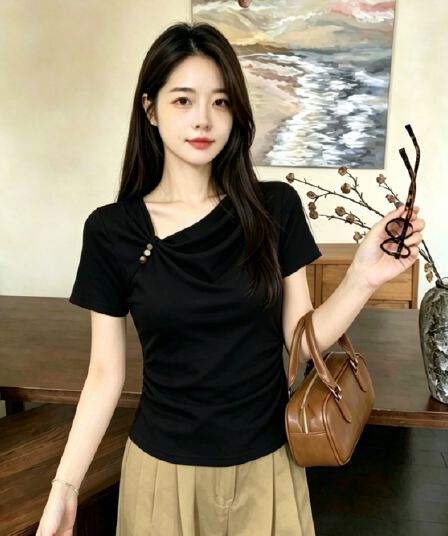 실사 210 그램 좋은 면 한 부서 디자인 센스 연령 감소 섹시함 반팔 티셔츠 여성 2026 여름 새로운 아름다운 맨위